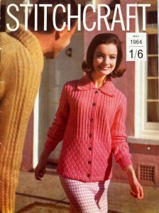 Cover photo from Stitchcraft magazine, May 1964, showing a woman in a pink knitted cardigan