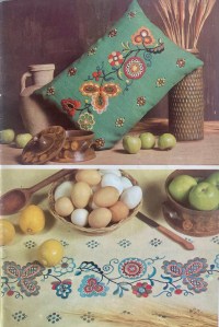 Photo of am embroidered cushion and tablecloth, from Stitchcraft magazine, September 1964