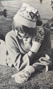 Photo of hat and mitten set worn by model, Stitchcraft magazine, January 1965 issue.